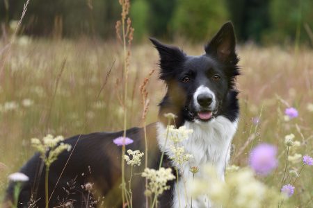 Border collie på ett fält med sommarblommor